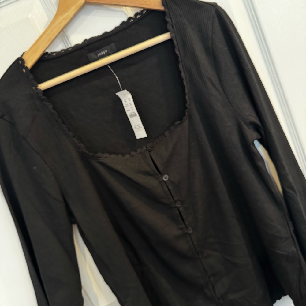 J.Crew Black Ribbed Scoopneck Lace Trim Henley Top XL Cotton Modal Classic NWT